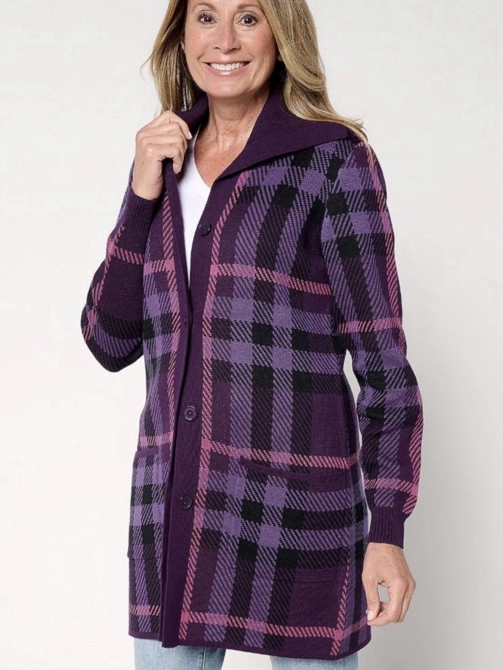 Denim & Co. Purple Plaid Button-Front Women's Cardigan Sweater - Size L - NWOT